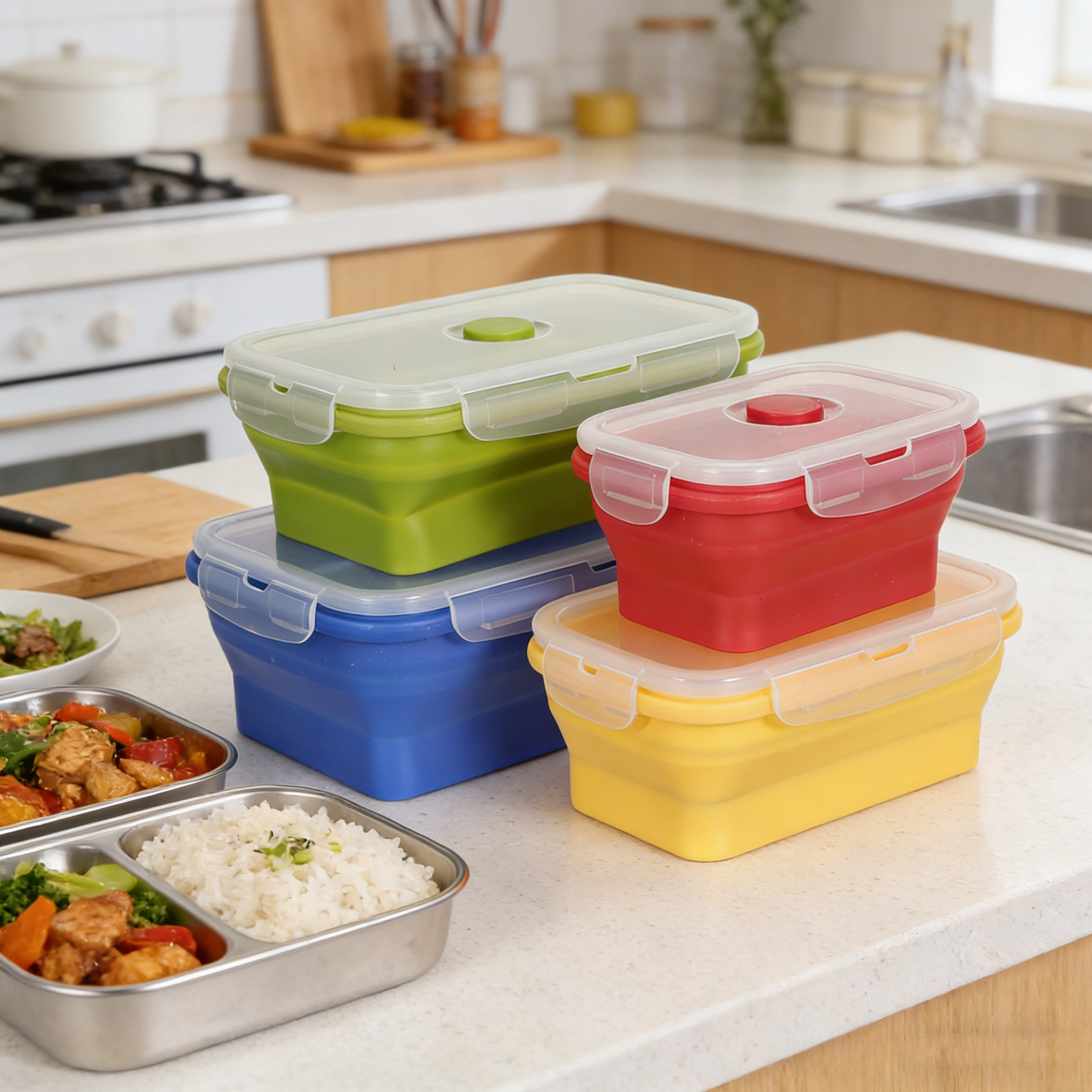 4Pcs Foldable Silicone Lunch B - огляд і ціна Food Storage Silicone